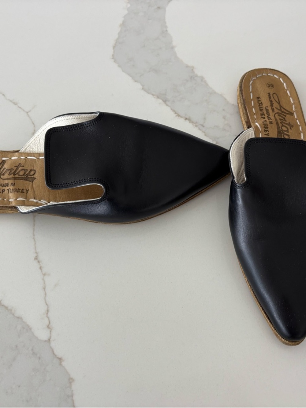 Black Leather Pointed Slip-On Mules